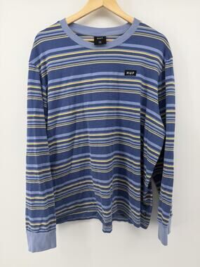 HUF Mens XXL Striped Long Sleeve Shirt Blue Yellow Skate Streetwear Logo